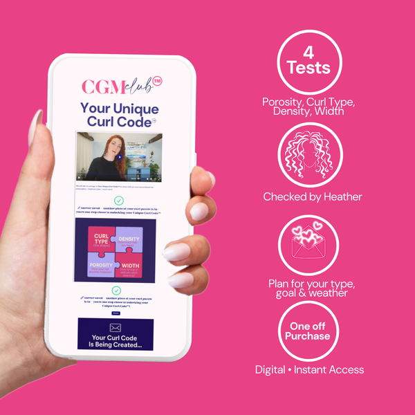 Hand holding phone showing ‘Your Unique Curl Code™’. Four highlights: 4 tests in 6 minutes (type, porosity, density, width); human-checked by Heather; plan for your type, goals and climate; one-time add-on with digital instant access.