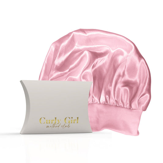 Step 5: Satin Sleep Cap reduces frizz Sleep Cap Pink Step 5: Satin Sleep Cap reduces frizz